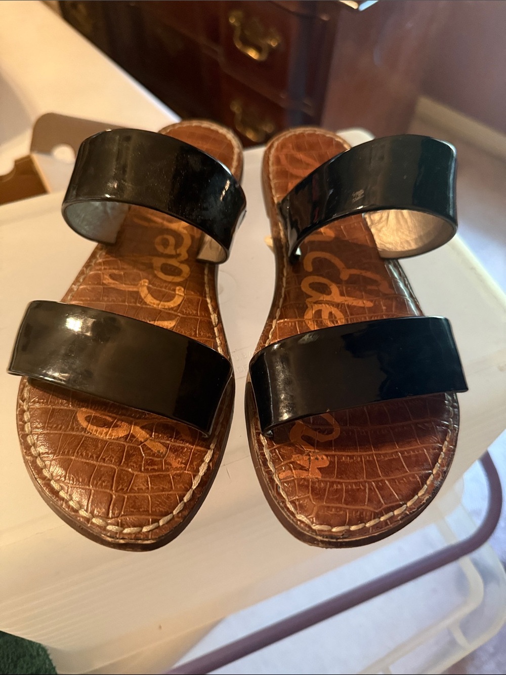 Sam Edelman Black Double-Band Patent Slide Sandals  size 8.5